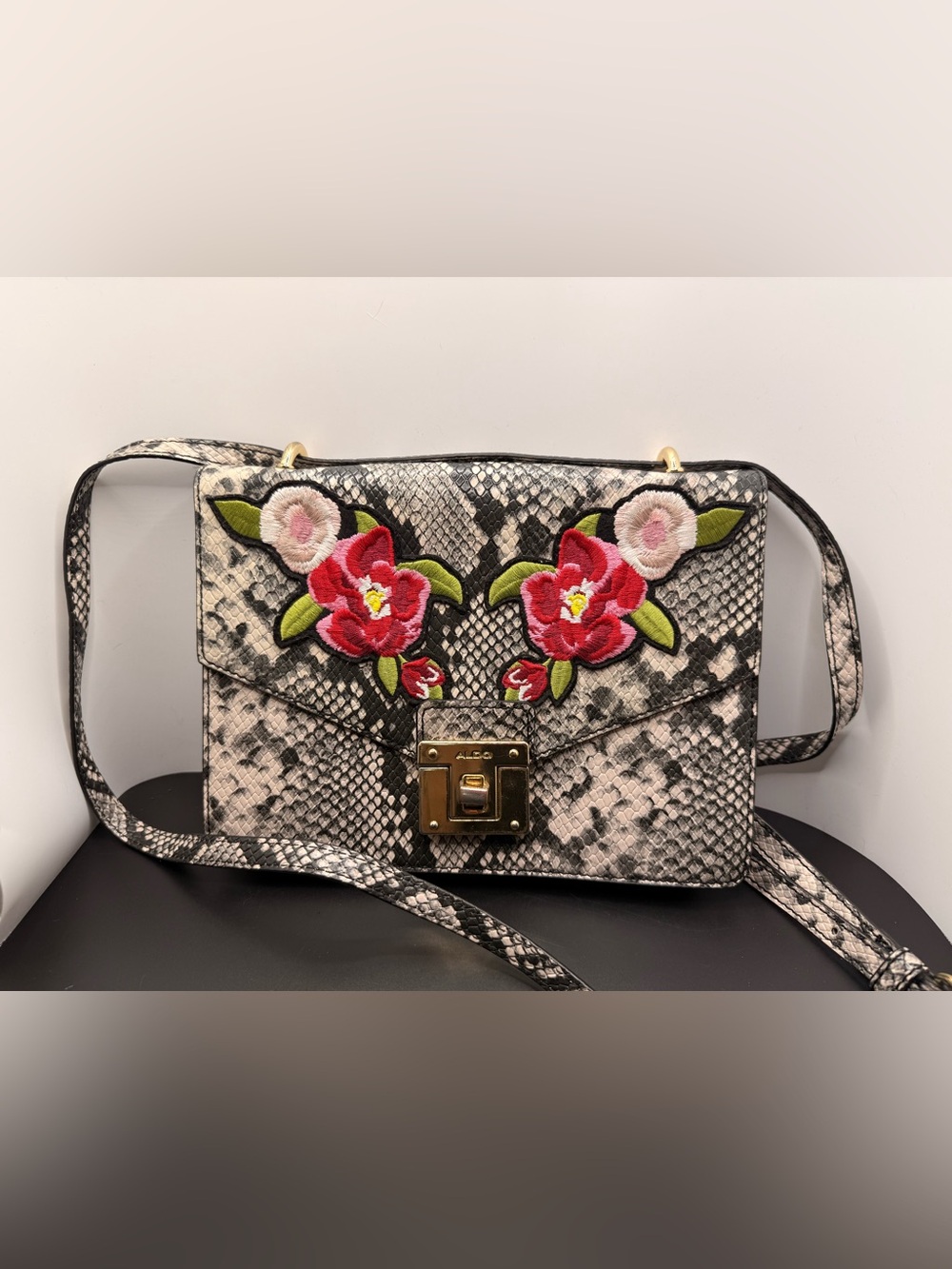 ALDO Snake-Print Crossbody with Red & Pink Floral Appliqué